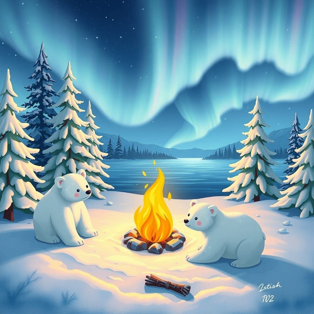 Whimsical Winter Wonderland with Polar Bears and Aurora Bore...