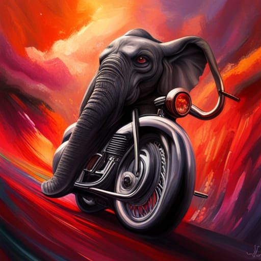 Elephant Rides Red Motorbike in Hyperrealistic Surrealism