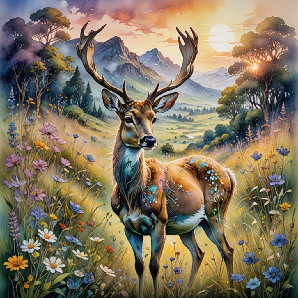 Surreal Watercolour Meadow at Dawn with Grazing Doe