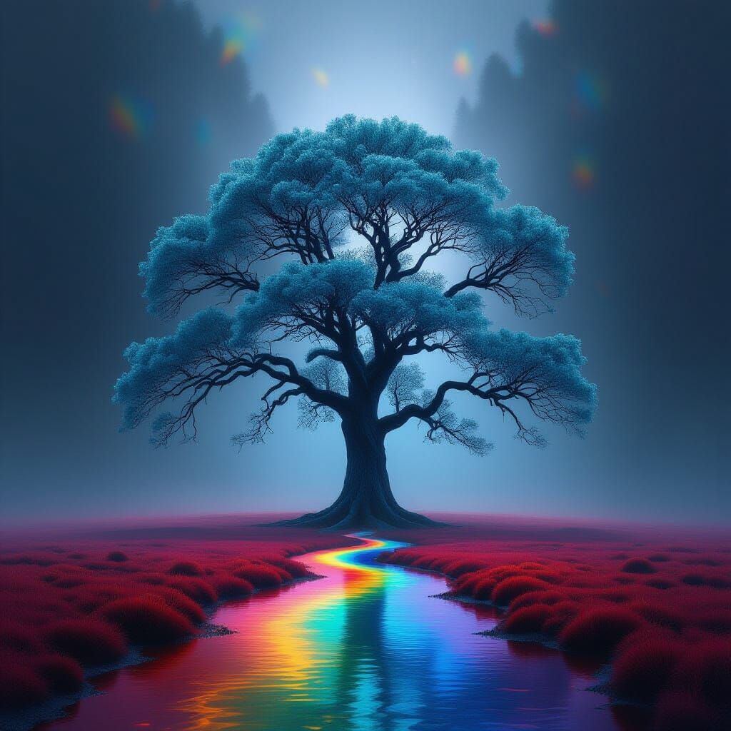 Mystical Ancient Tree with Luminous Cyan Leaves