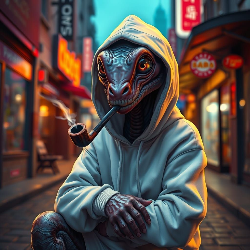 Eel in a Vibrant Street Scene, Wearing a White Hoodie
