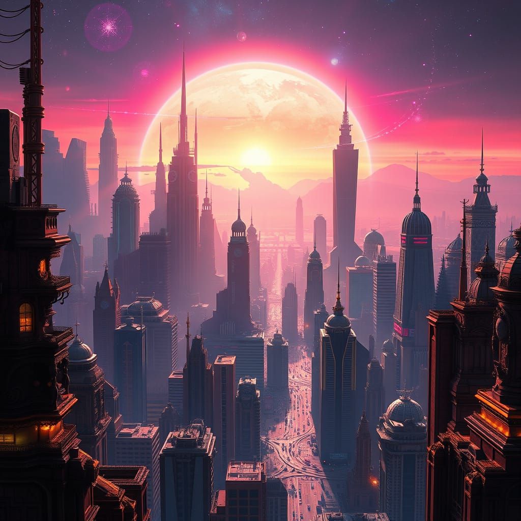 Distant Planet Metropolis in Vibrant, Ethereal Light
