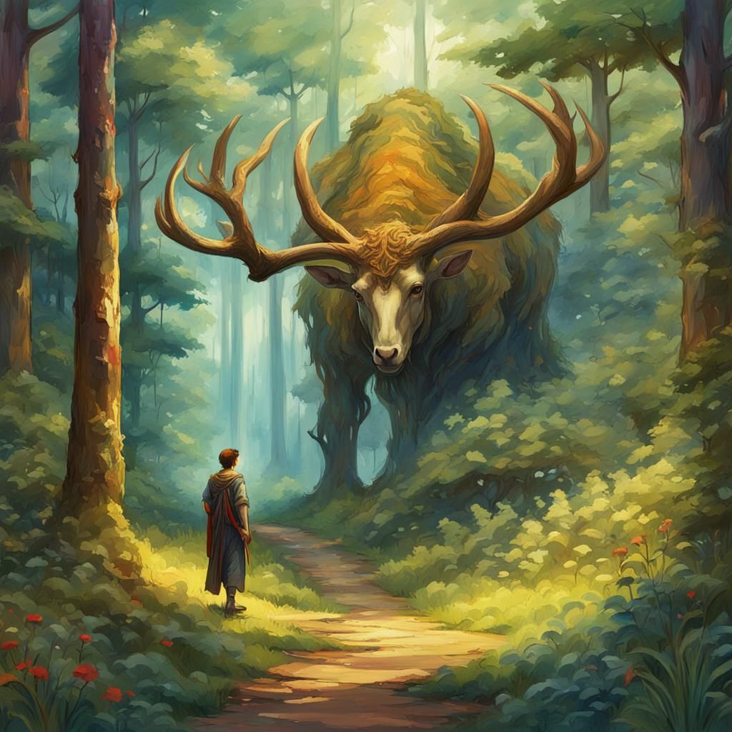 Enchanted Deer in Summer Forest, Anime Style