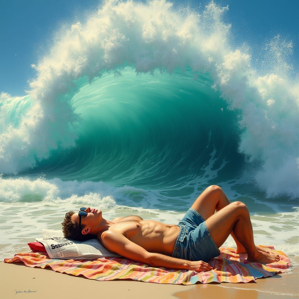 Beachgoer Surprised by Imminent Wave