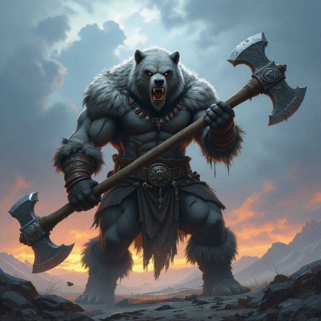 Silver Werebear Berserker With Axe Against Stormy Sky