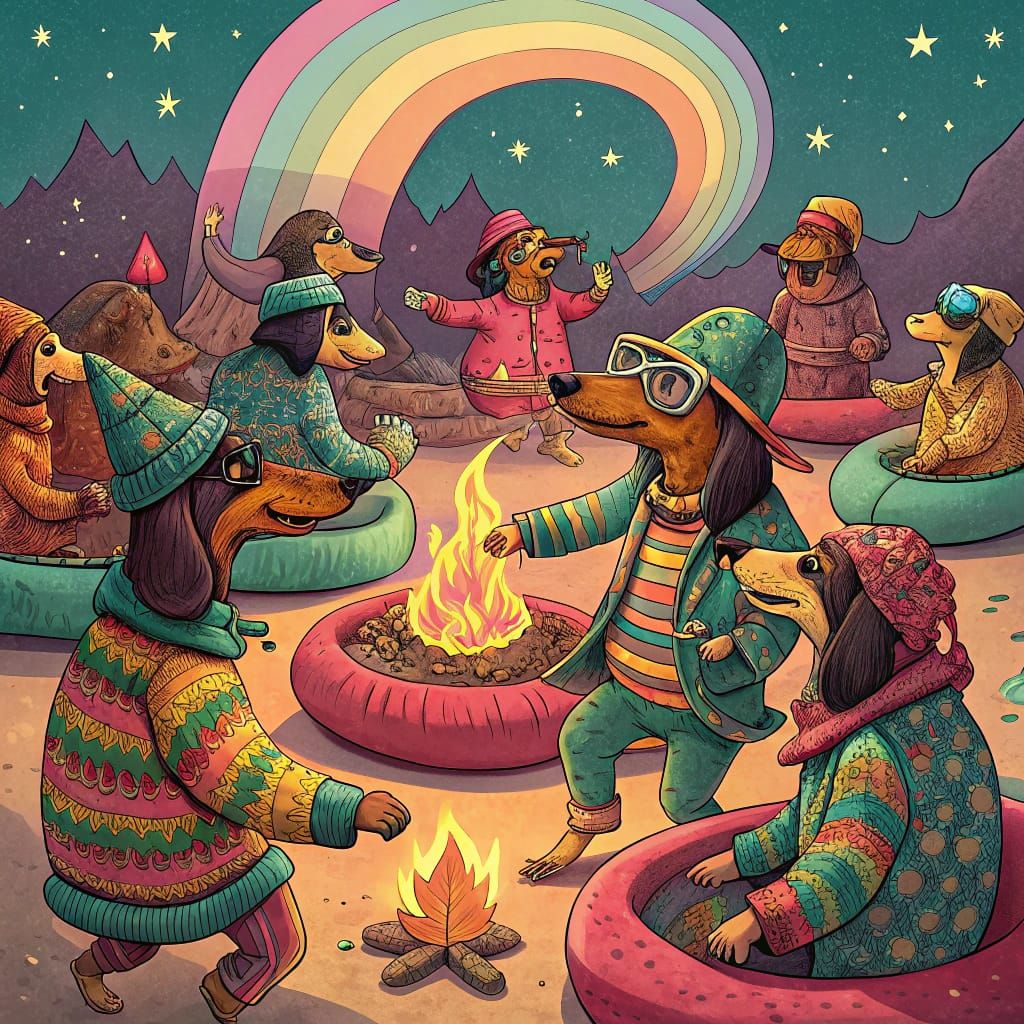 Psychedelic 70s Gathering of Goblins and Dachshunds
