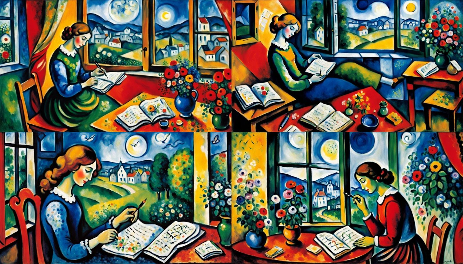 Woman Writing Diary in Naïve Art Style