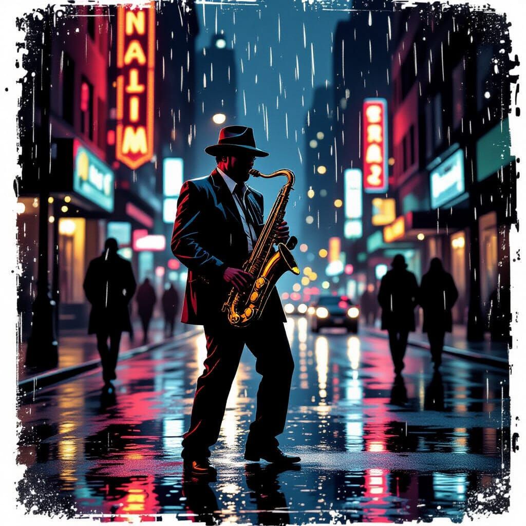 Jazz Musician Playing Saxophone on Rainy City Street