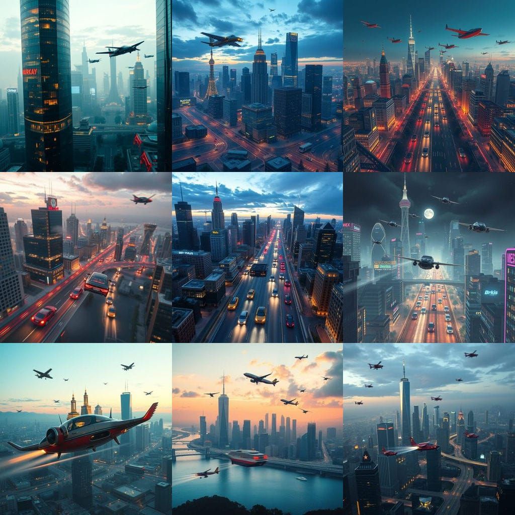 Futuristic Flying City with Flying Cars