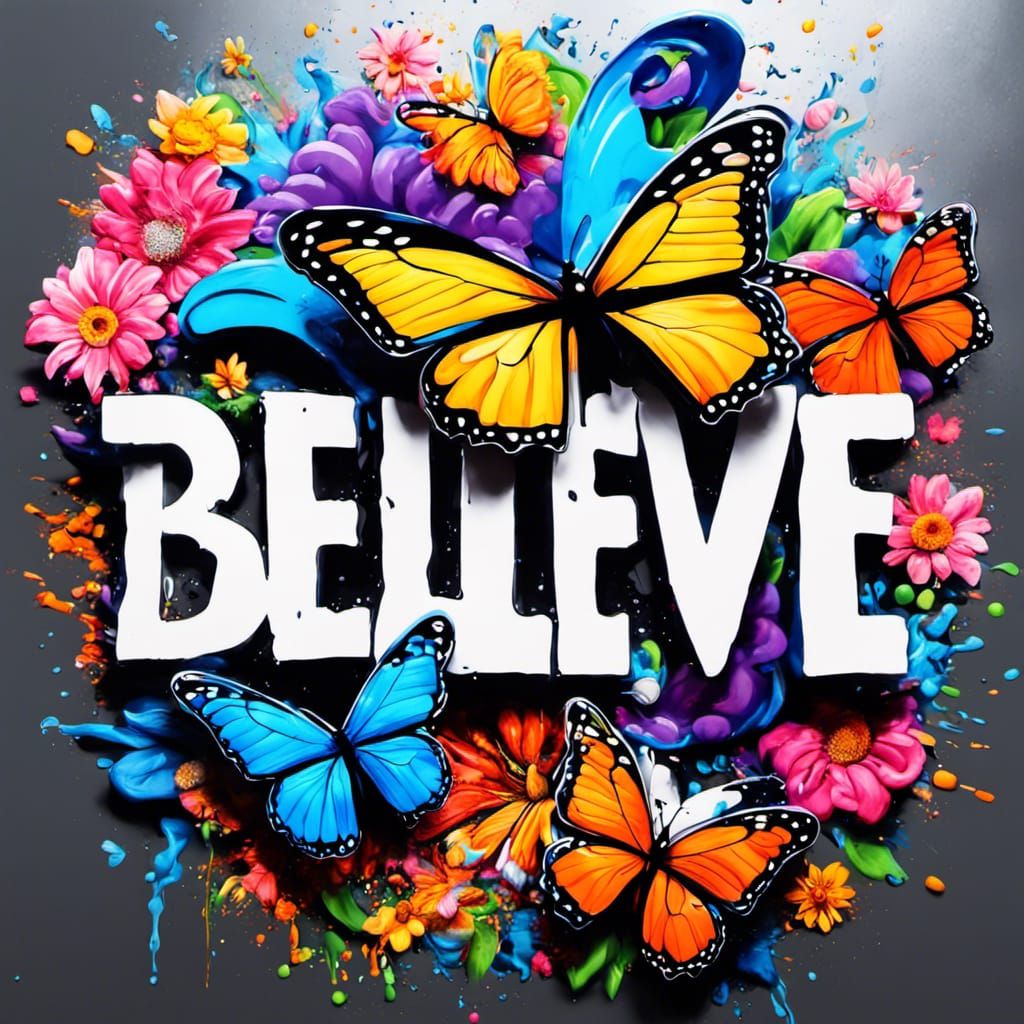 The words "Believe In Yourself" with butterflies and lots of flowers all around the words splash art, street art, spray ...