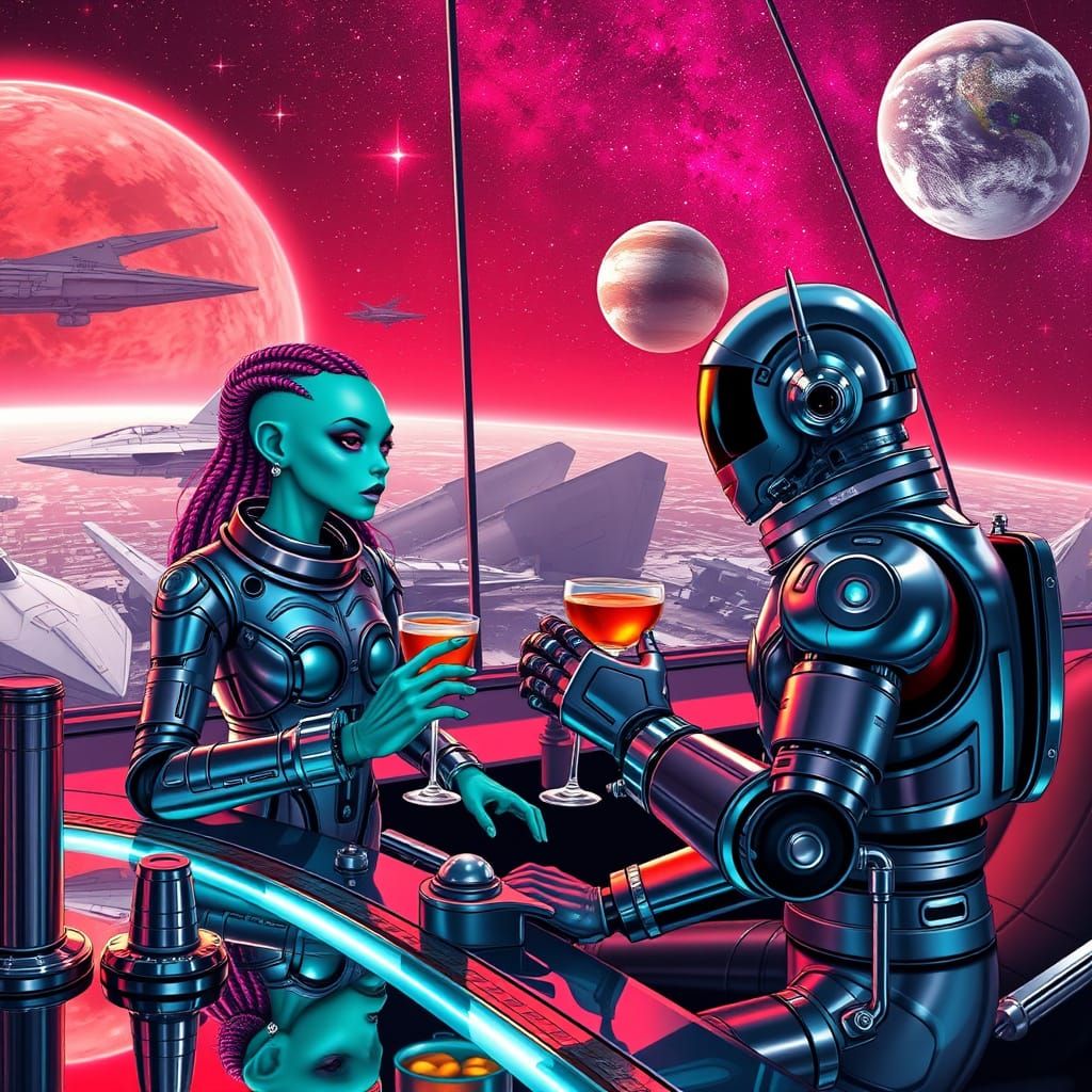 Cosmic Encounter at a Futuristic Asteroid Bar