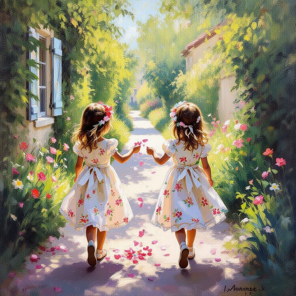 Impressionist Oil Painting of Flower Girls Scattering Petals