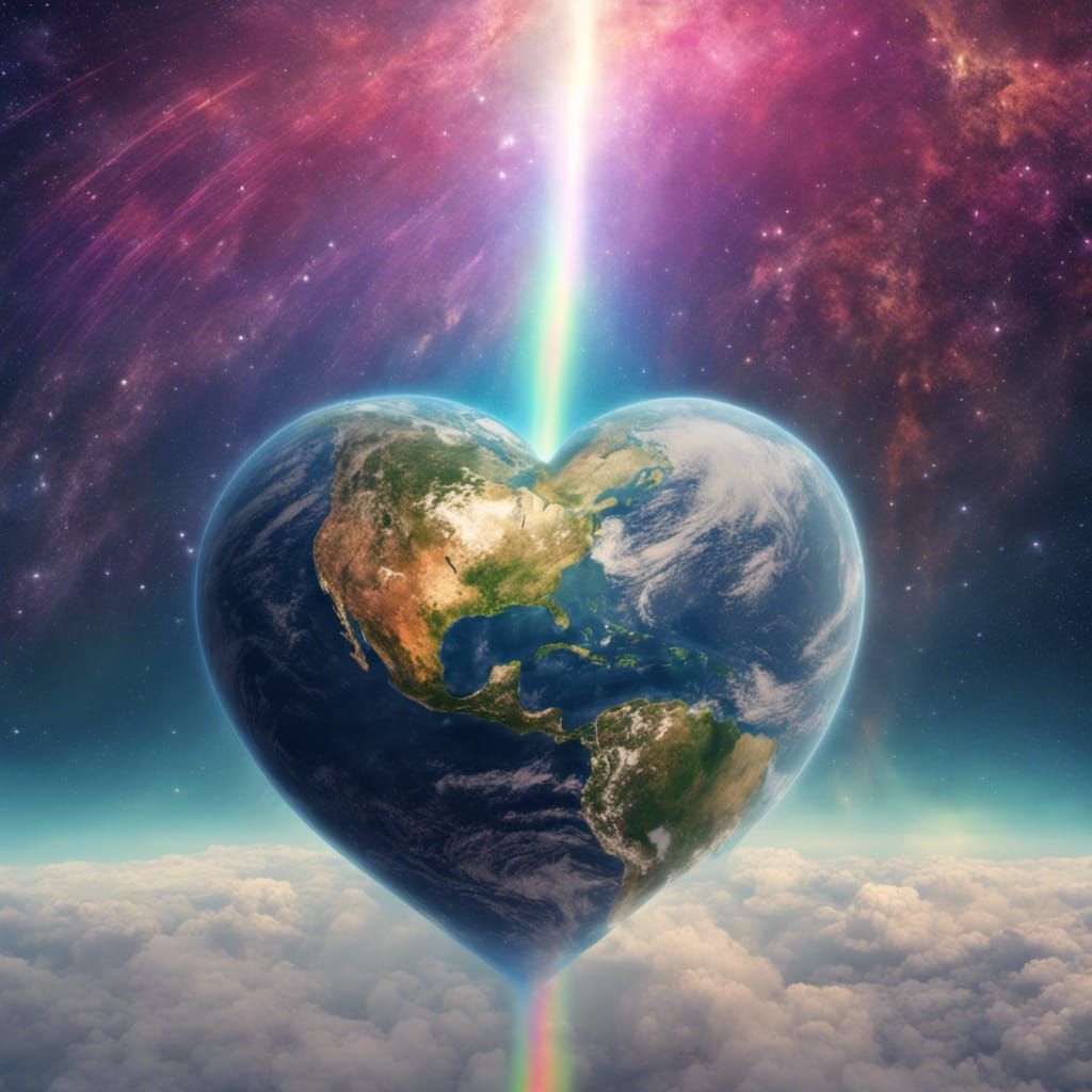 Earth Surrounded by Rainbow Heart in Space