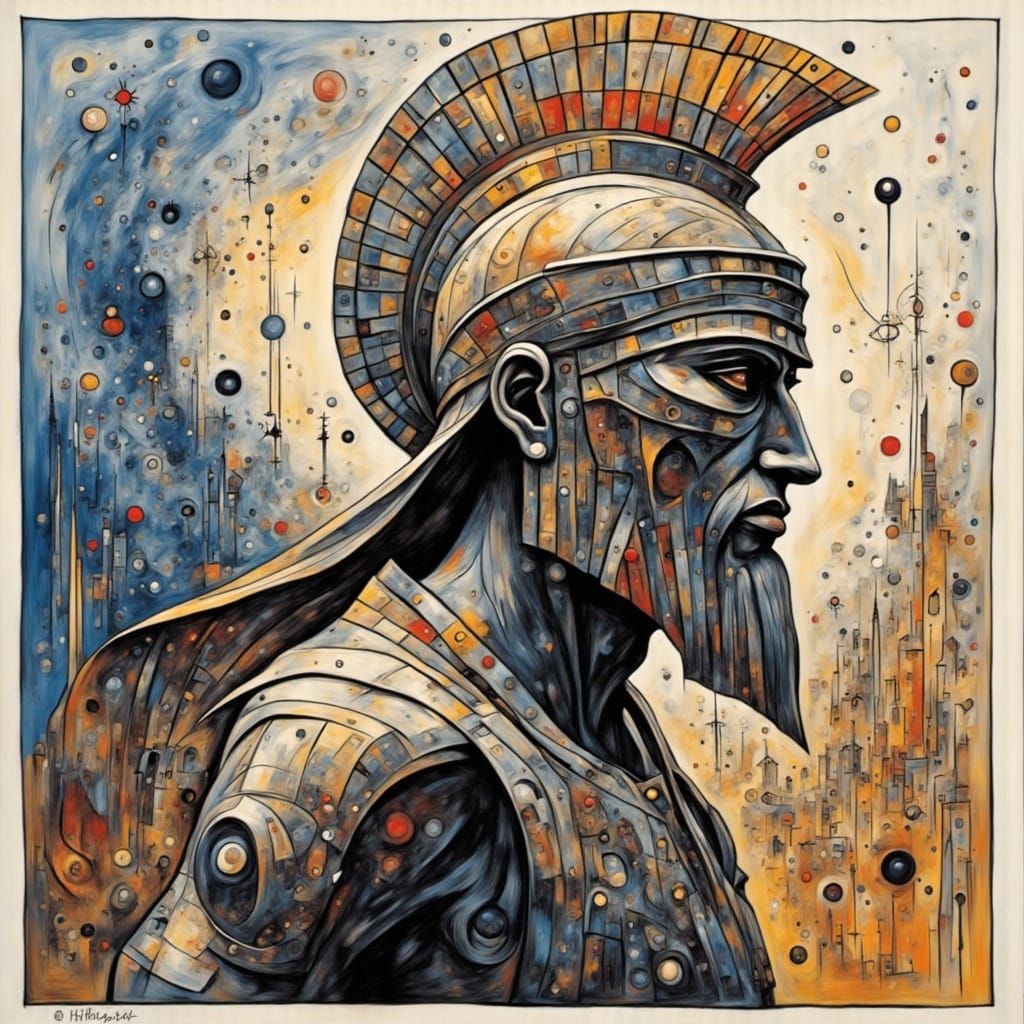 Cubistic Bronze Age Warrior Portrait in Ink