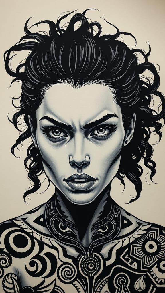 Seductive Polynesian Goddess with Tribal Tattoos in Bold Bla...