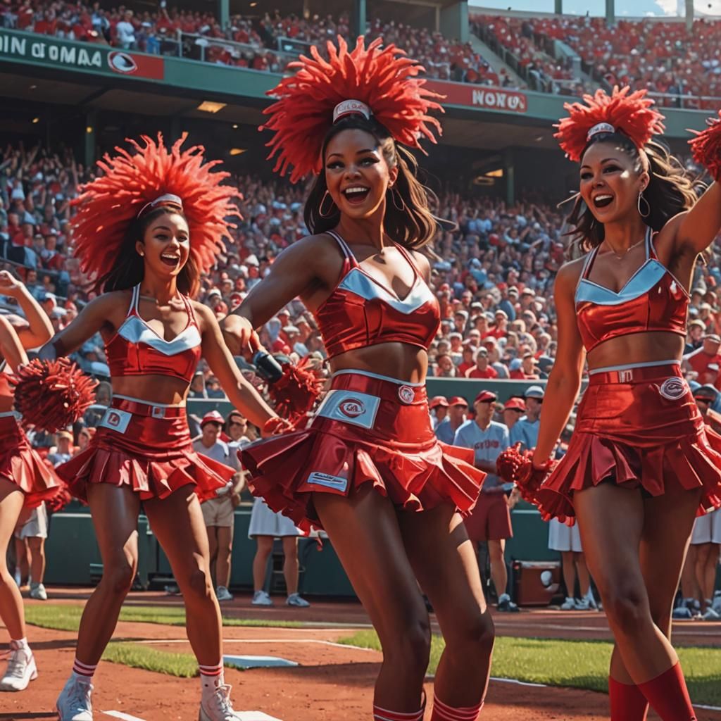 Cincinnati Reds cheerleaders entertaining baseball crowd in Great American Ball Park