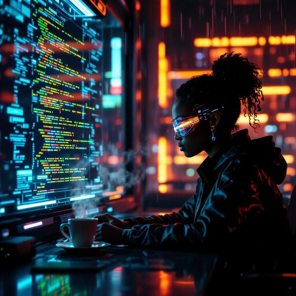 Hacker in Futuristic Library, a Cinematic Film Still
