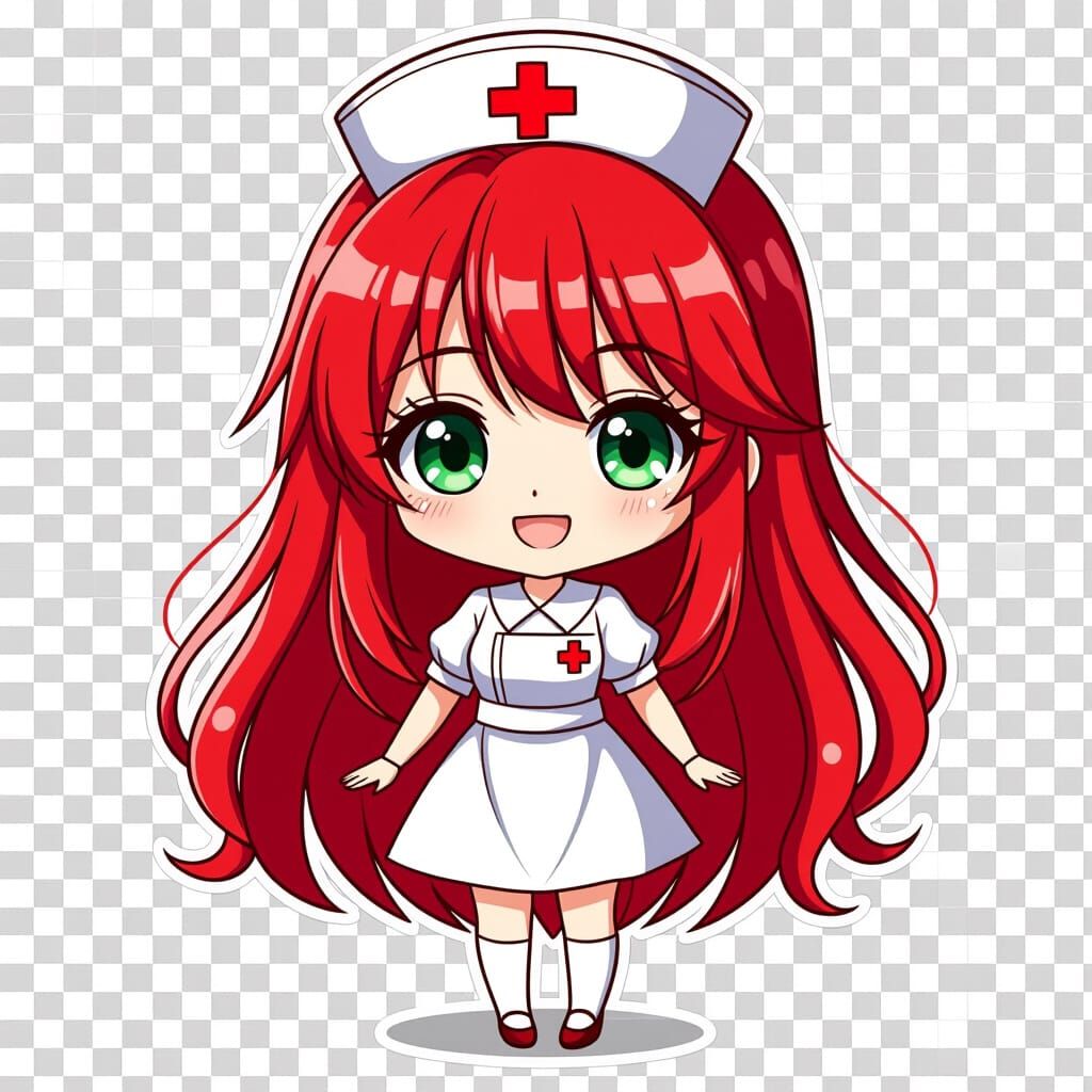 Cute Chibi Nurse Sticker with Long Red Hair