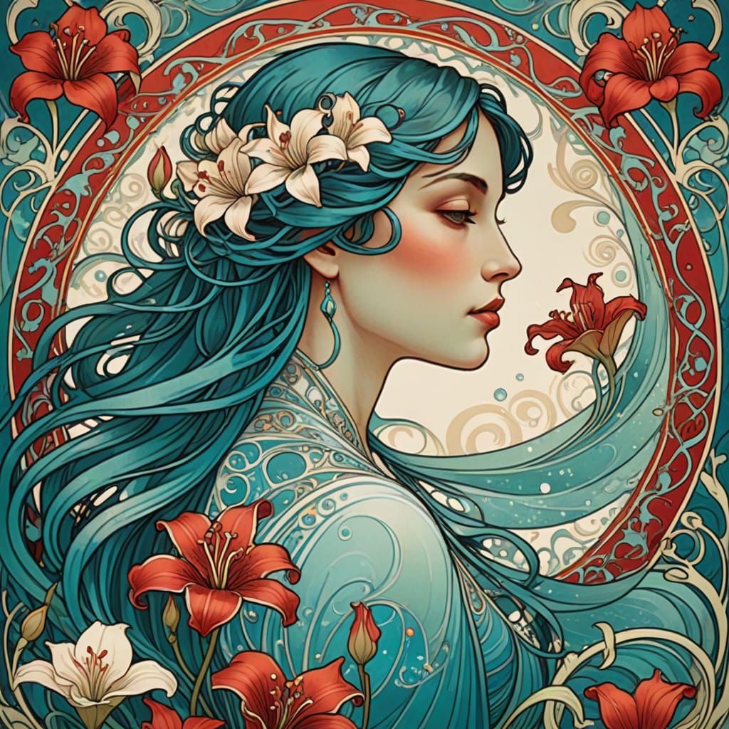 Art Nouveau Woman Silhouette with Aqua Water Patterns