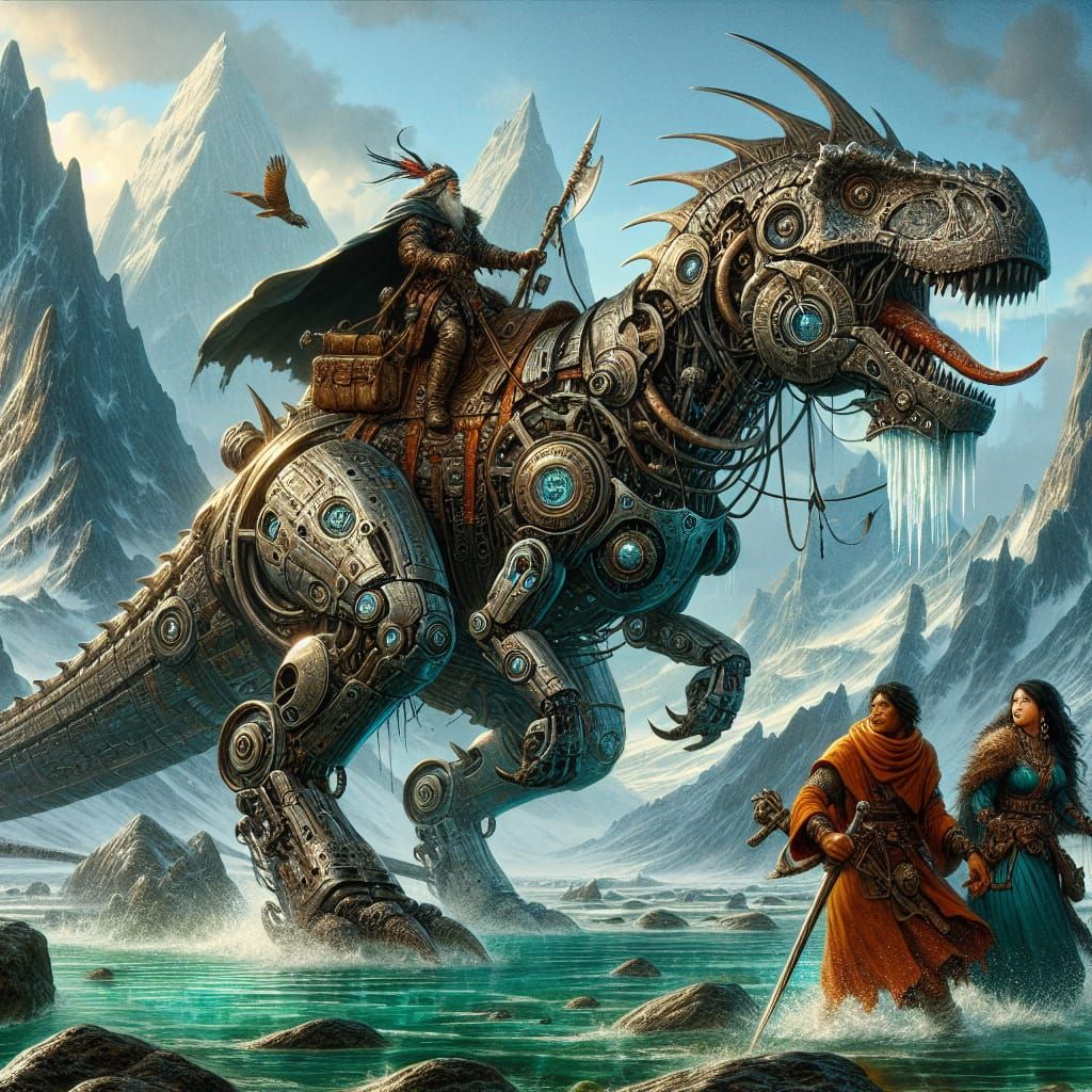Metal-Eating Warrior on Mechanical Dinosaur in Fantasy Lands...