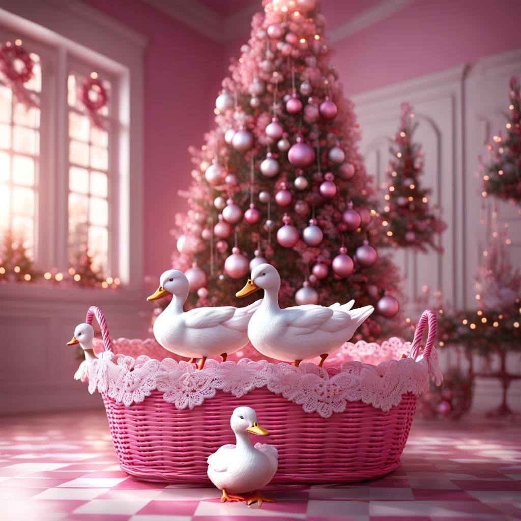 Ducks Under Pink Christmas Tree: Detailed Matte Painting