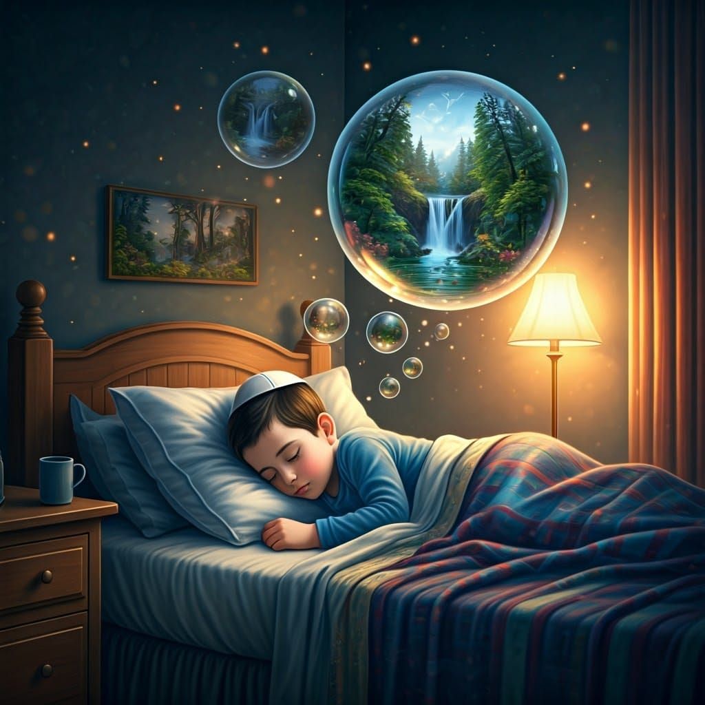 Whimsical Ultra-Orthodox Boy in Ethereal Fantasy Scene