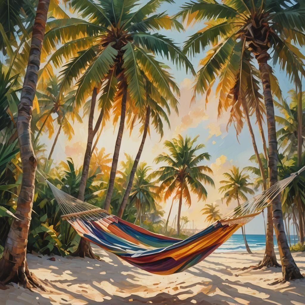 Serene Tropical Beach with Hammock: Warm Colorful Painting