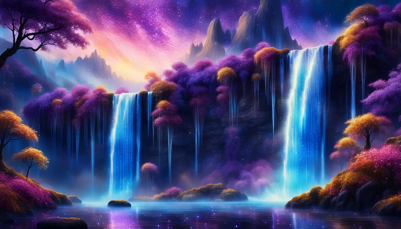 Enchanted Waterfall Shimmers with Glittering Light