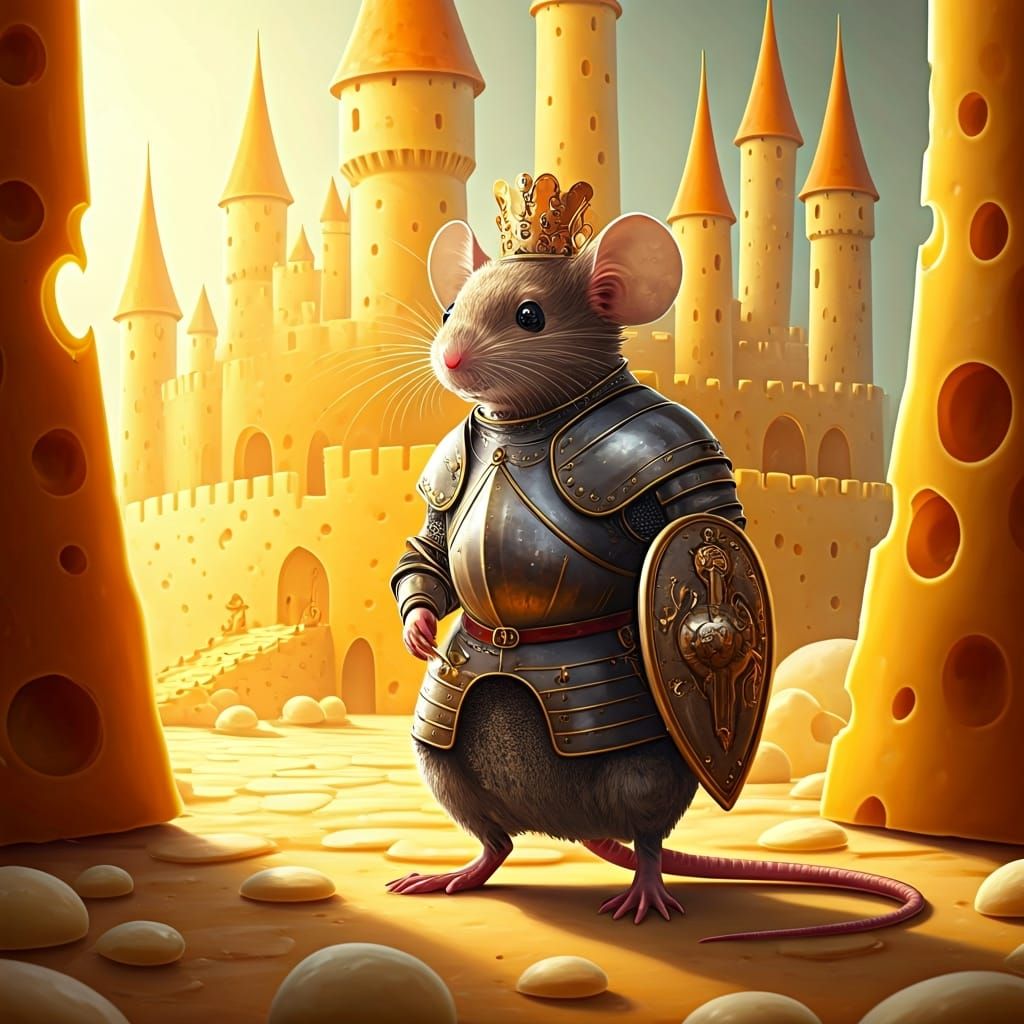 Mouse Knight Guards Cheese Castle in Storybook Scene