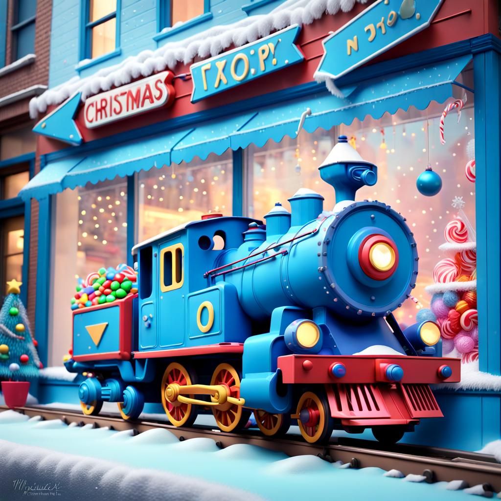 Blue Toy Train in Christmas Window: Candy Art Style