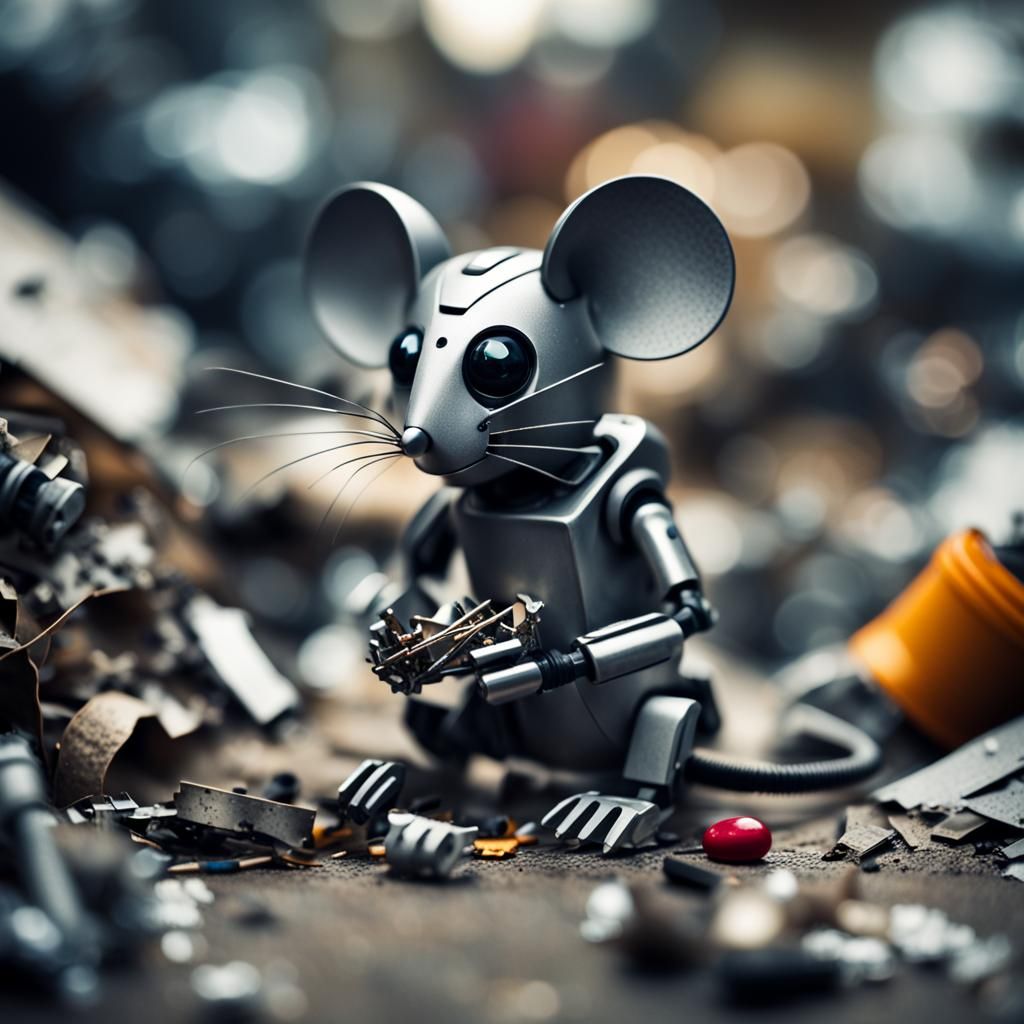 Dystopian Robot Mouse in Rubbish Pile