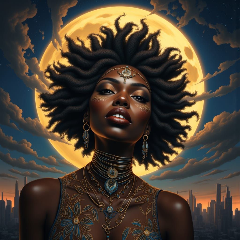Black Moon Goddess in Fantasy Realism Style