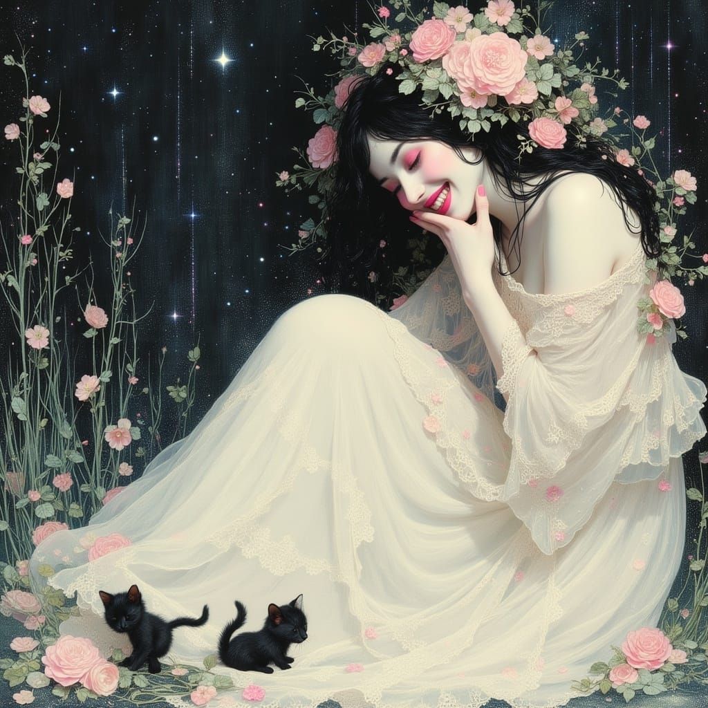 Smiling Woman in Floral Dress with Kittens