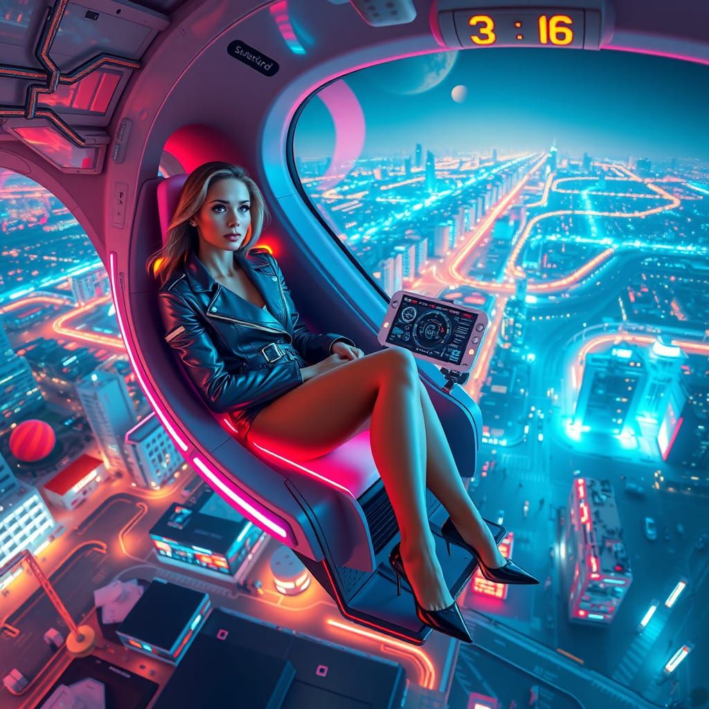 Elegant Woman in Futuristic Spaceship at Night