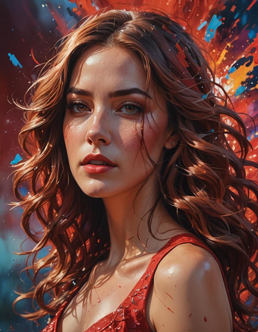 Young Woman in Red Dress: Hyperrealistic Splash Art