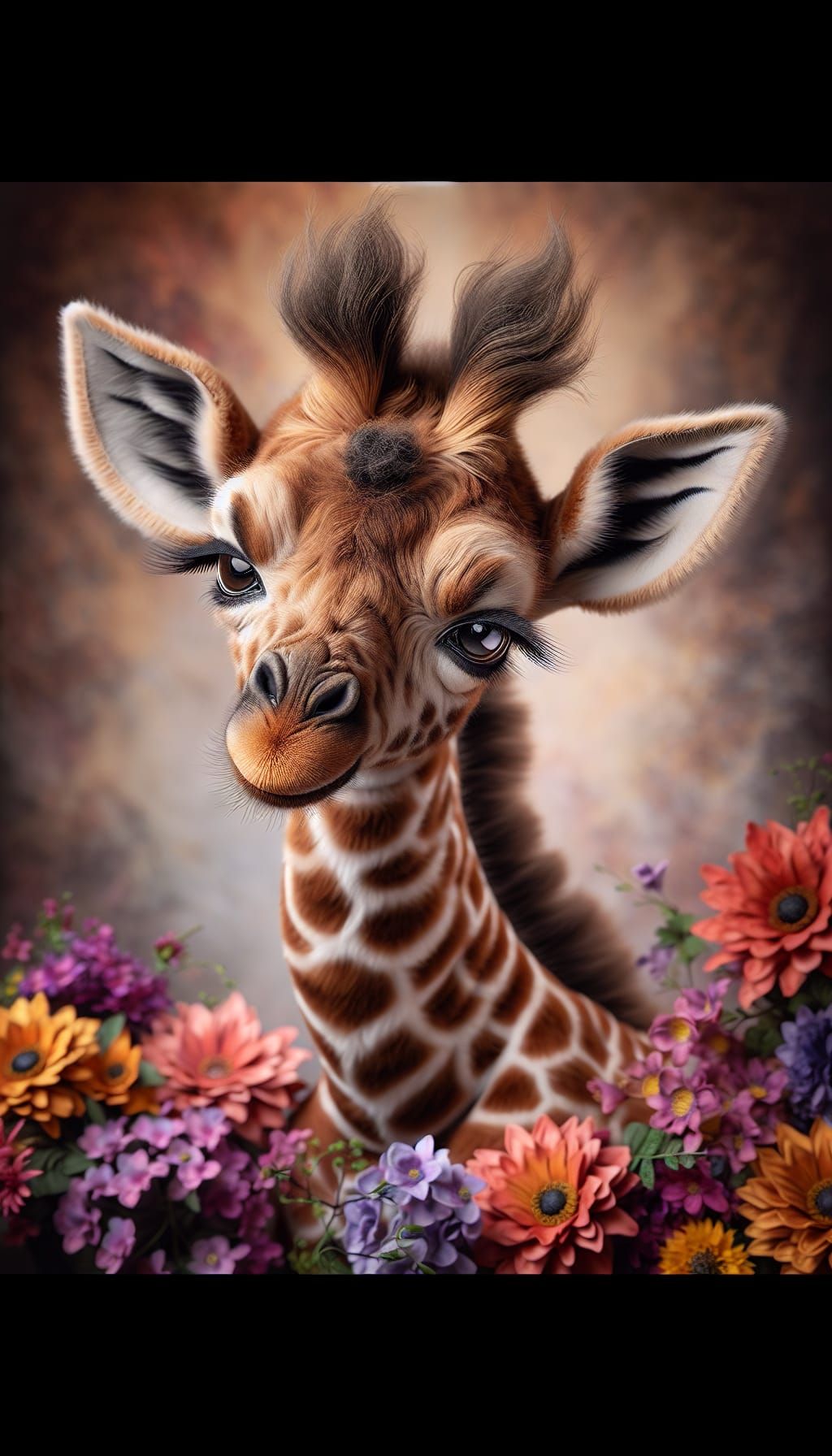 Cute Baby Giraffe in a Field of Flowers