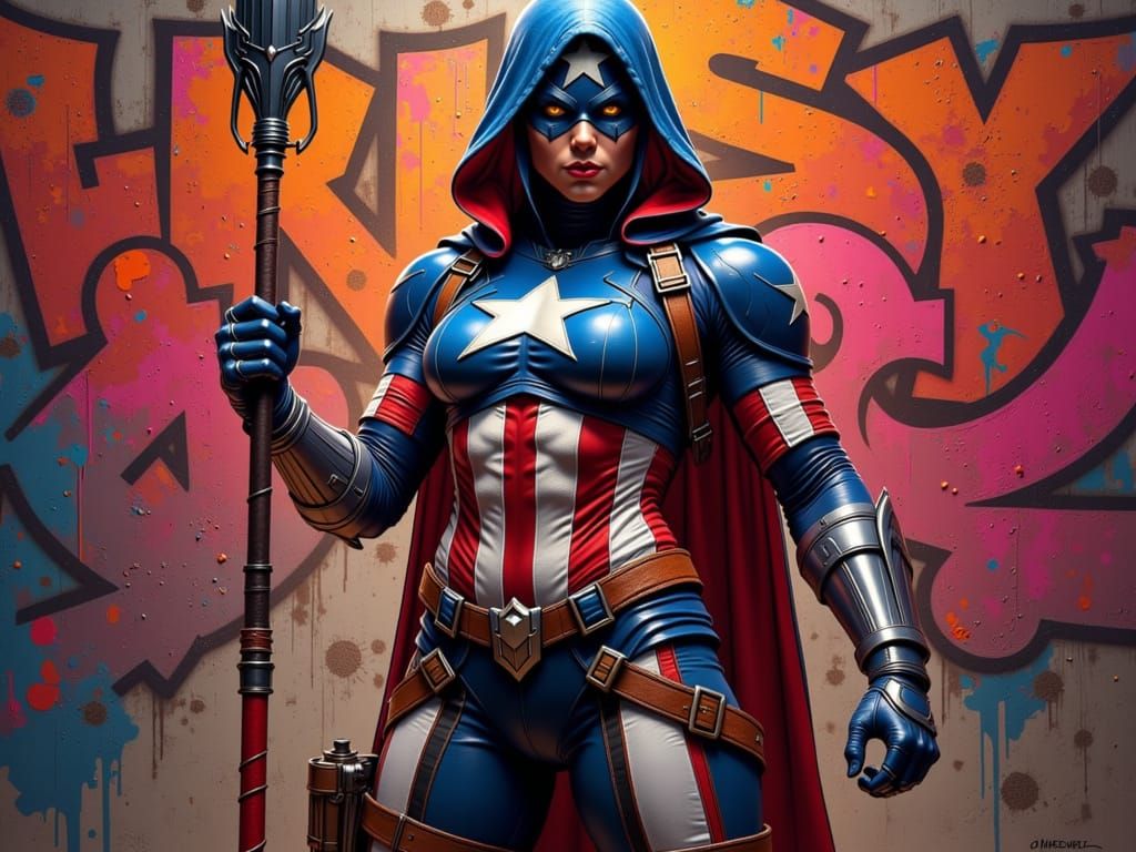 Patriotic Female Hero in Vibrant Graffiti Art