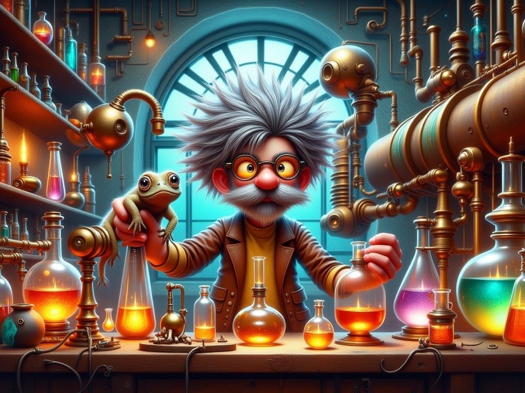 Mad Scientist in Steampunk Laboratory with Loyal Pet Lizard