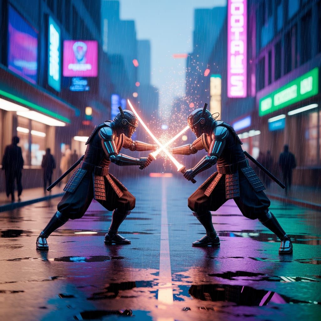 Cybernetic Samurai Battle on Neon Street in Cyberpunk Style