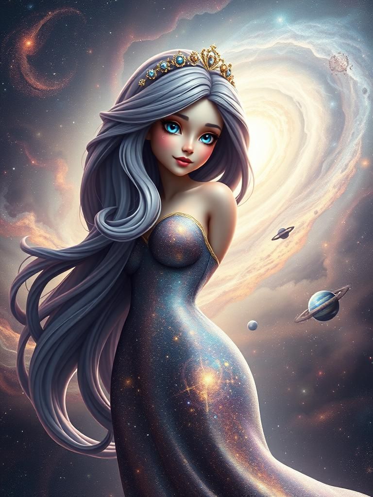 A 3D render of a curvy celestial being with long flowing hai...