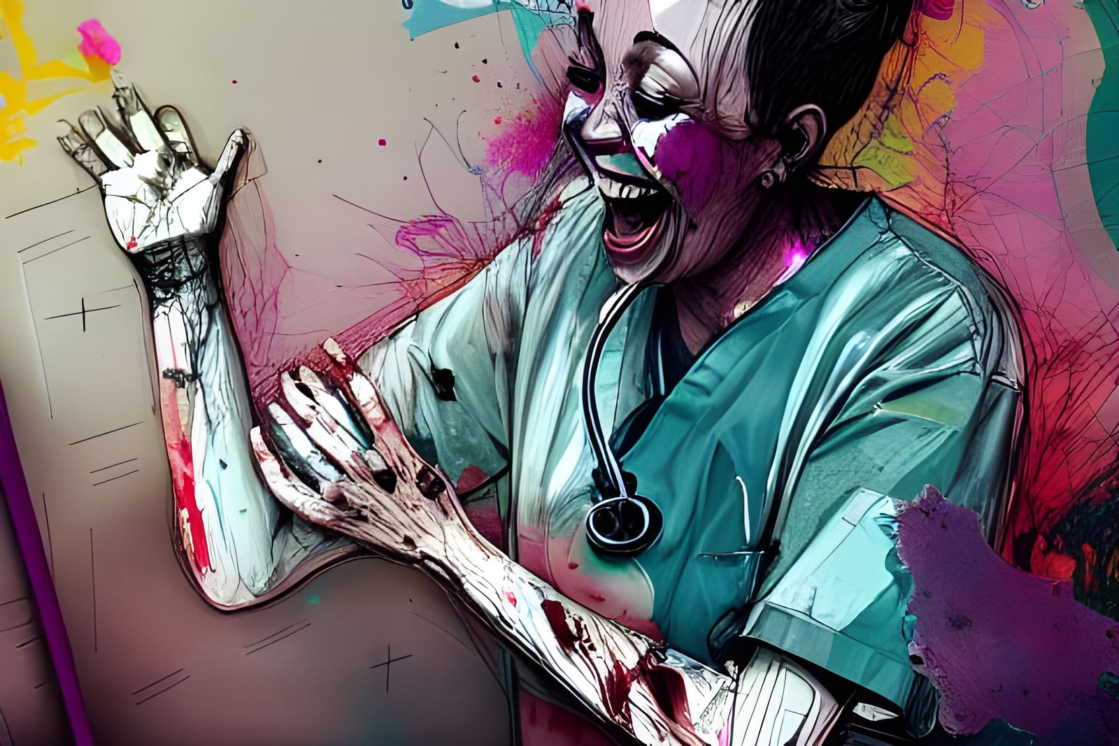 Laughing Nurse in Hand-Drawn Mixed Media Style