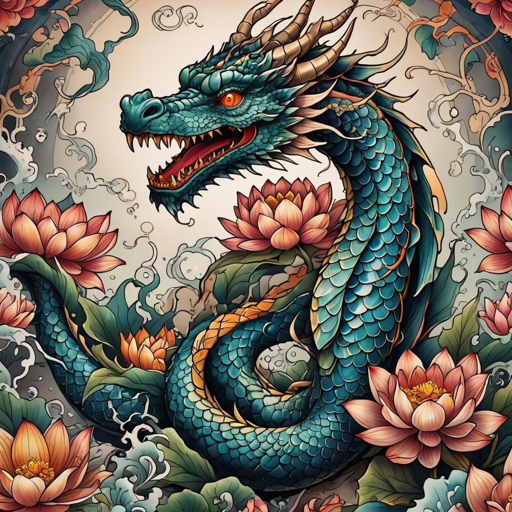Dragon and Lotus Neotraditional Tattoo Design