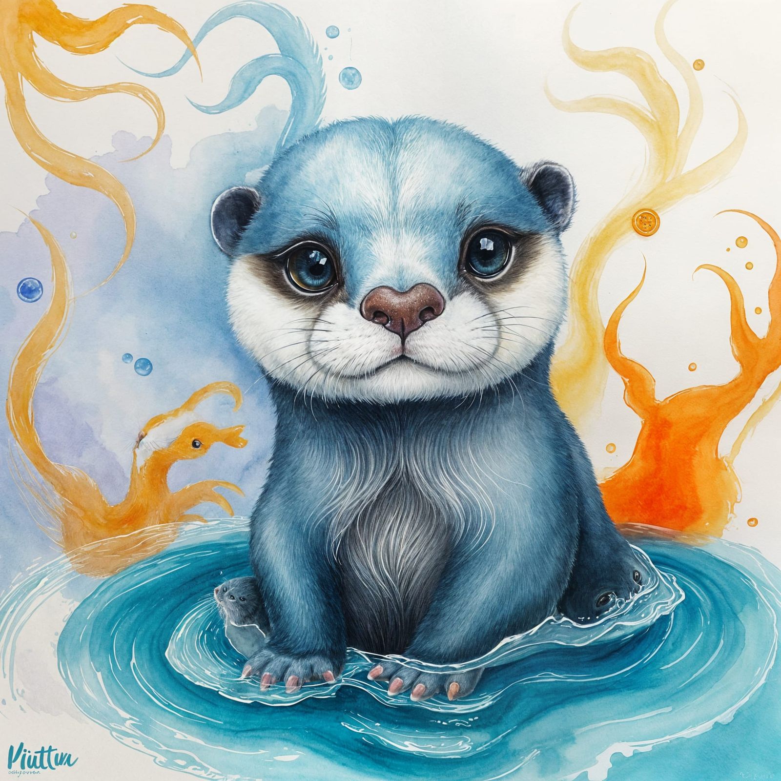 Whimsical Watercolor Otter in a Vibrant Blue-Grey Hues Lands...