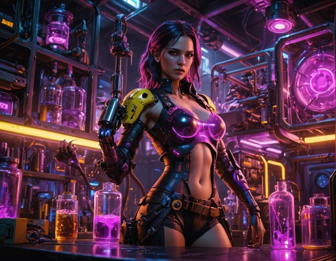 Cyberpunk Scientist with Prosthetic Arm in Neon Lab