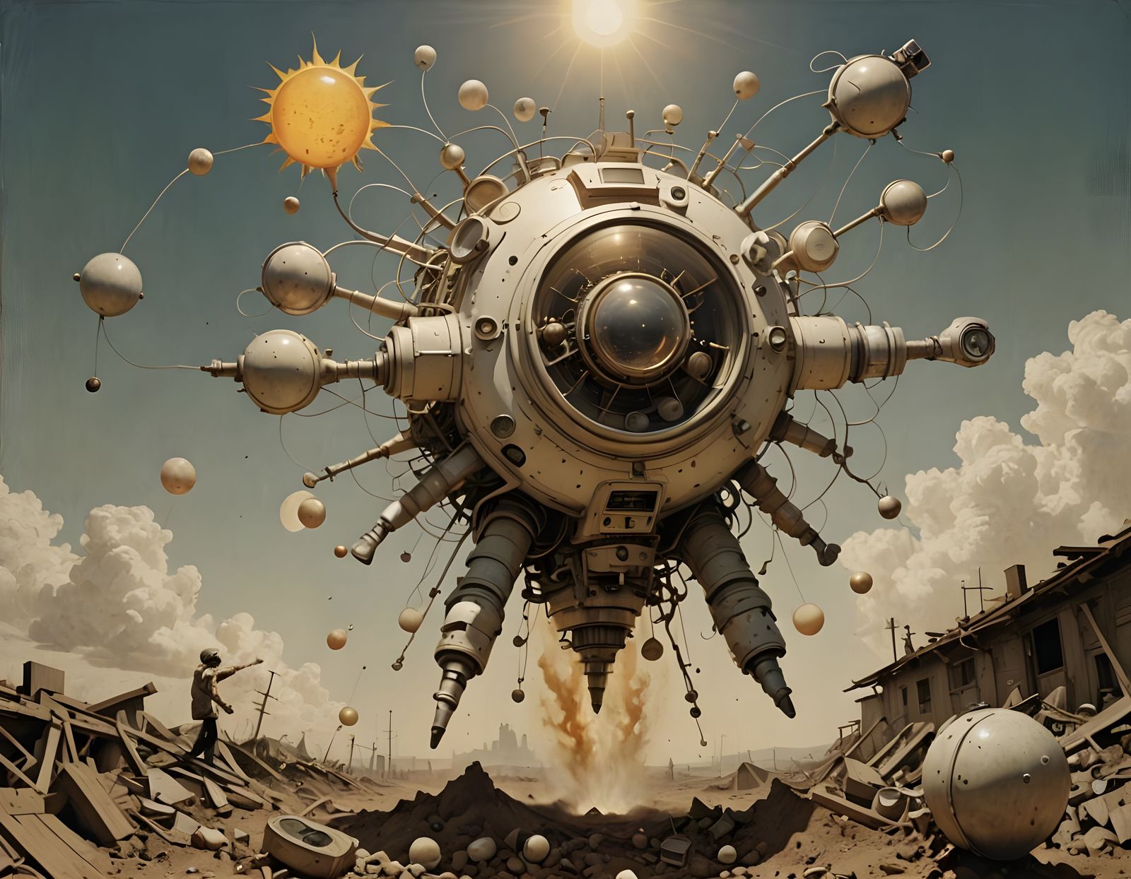 Retro Futurist UFO Embarks on Dada Absurdity towards the Sun