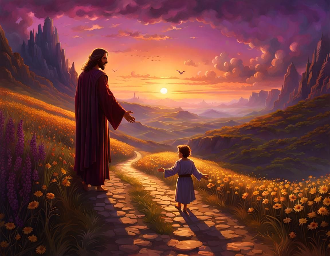 Jesus Guides a Boy: Dark Fantasy Gouache Art