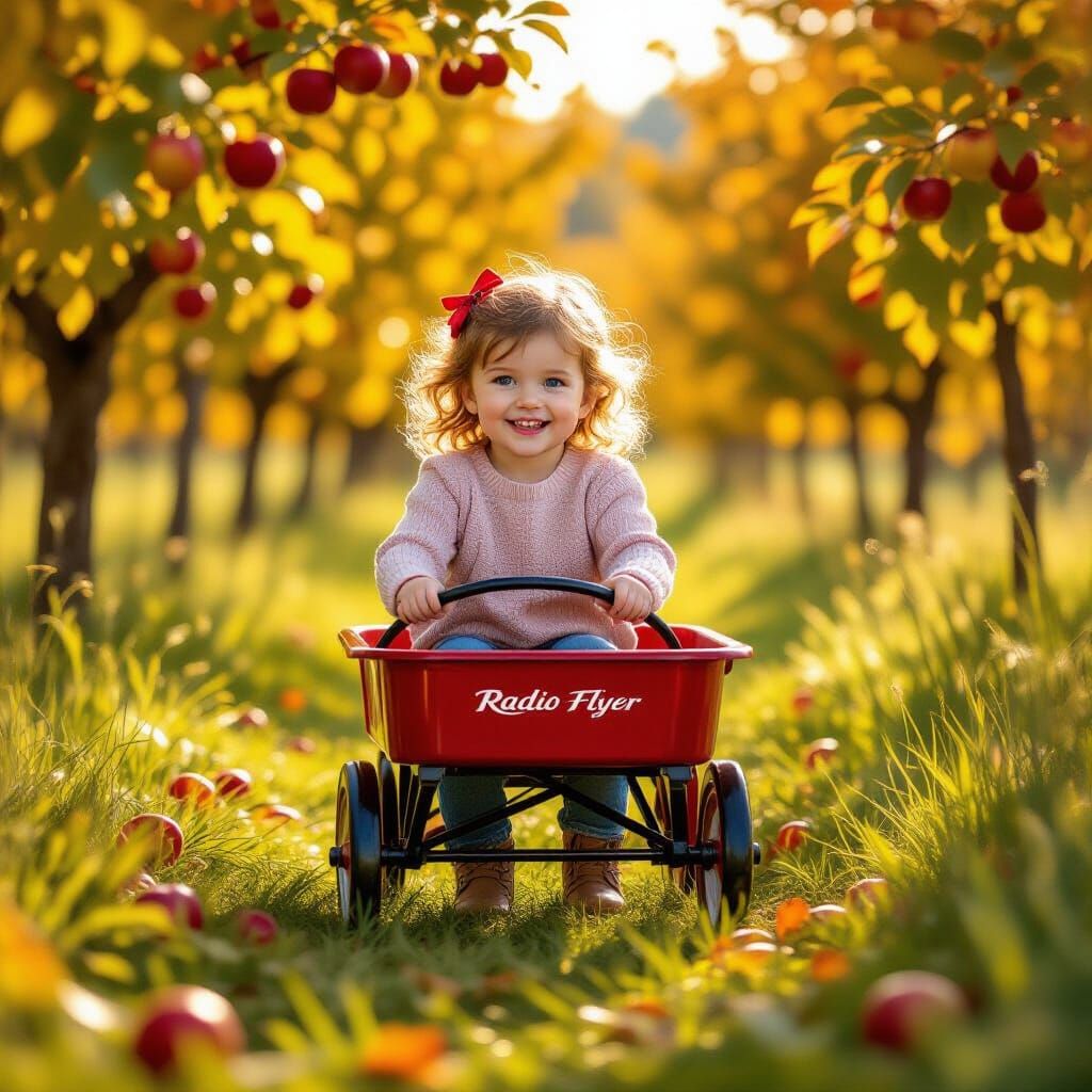 Girl Pulls Radio Flyer Wagon in Sun-Dappled Apple Orchard