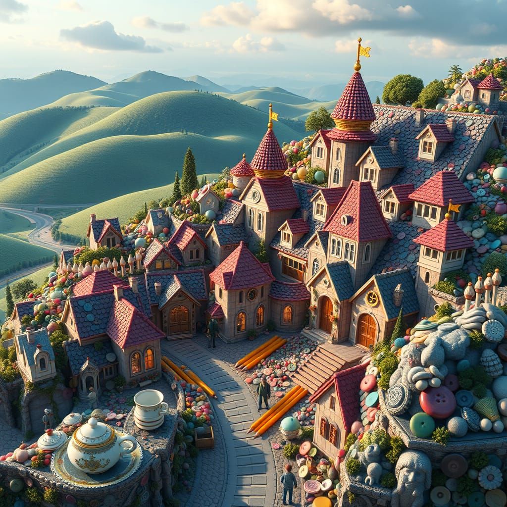 Town Made of Everyday Objects in Digital Art Style