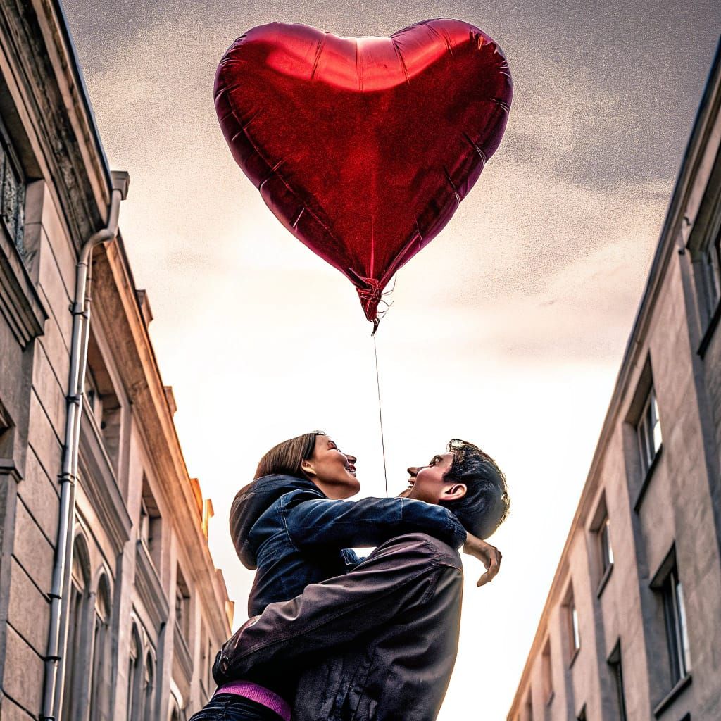 Radiant Crimson Heart Descends Amidst a Tender Couple's Embr...