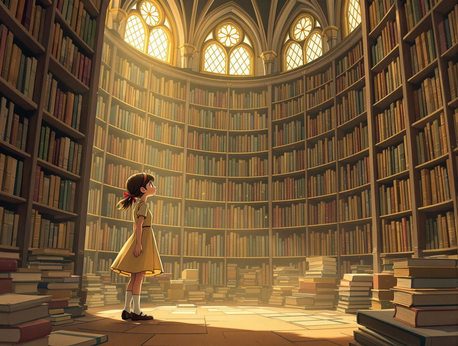 Girl in Library, Classic Children's Book Illustration